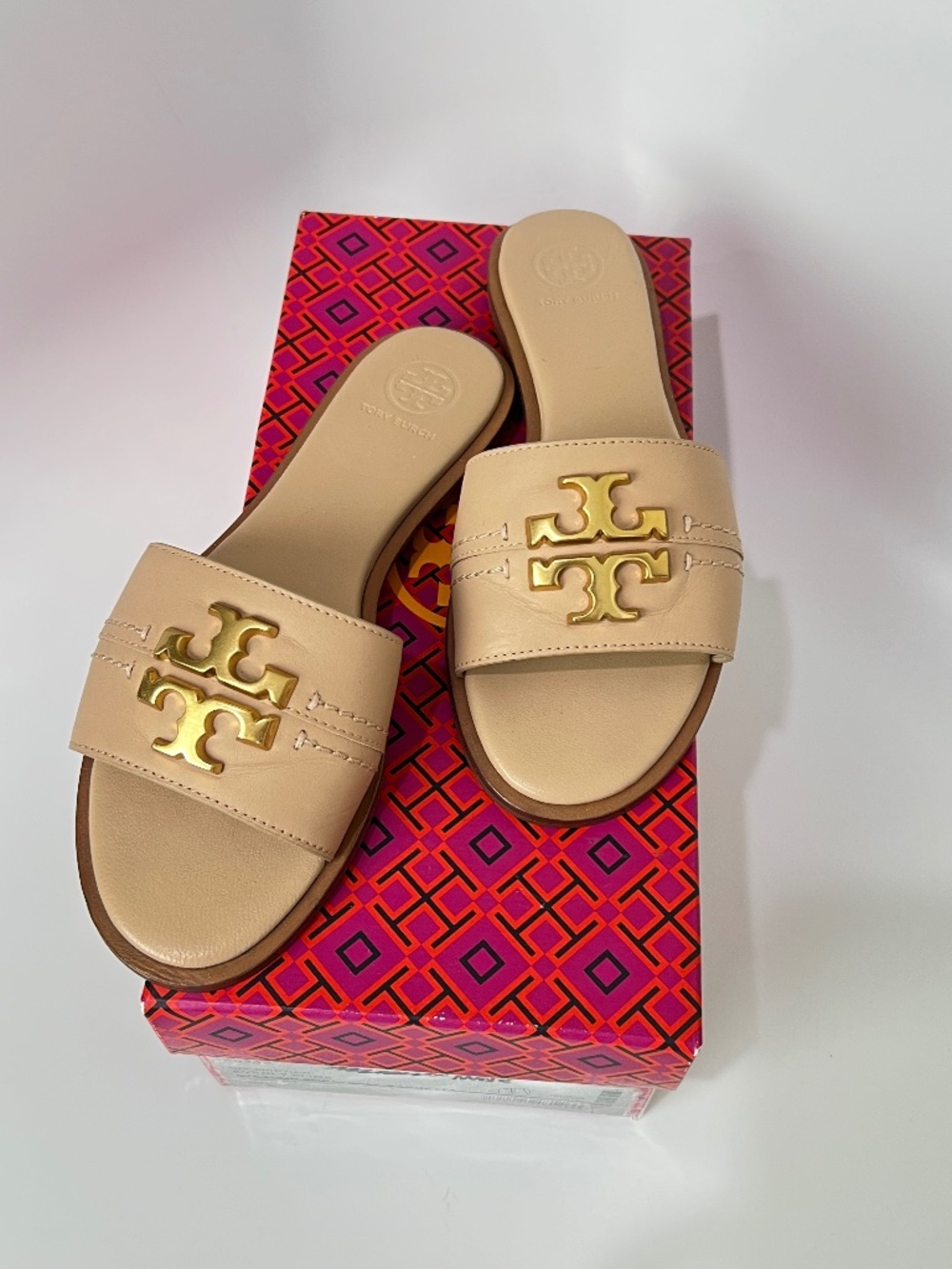 Tory Burch Everly Slide Sandals Calf Leather Gold Logo Nude Size 6